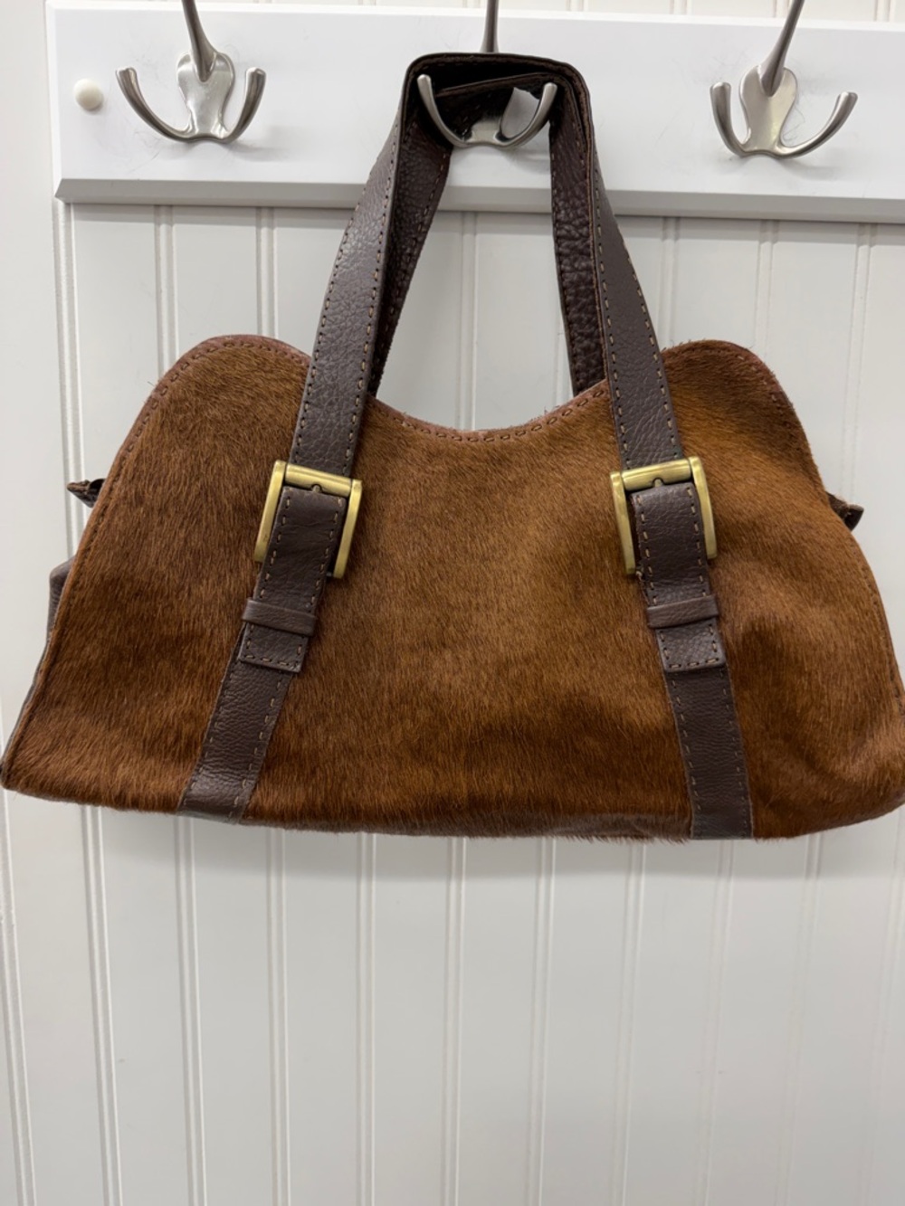 Brown Haircalf Satchel with Dark Brown Leather Straps - Picture 2 of 5